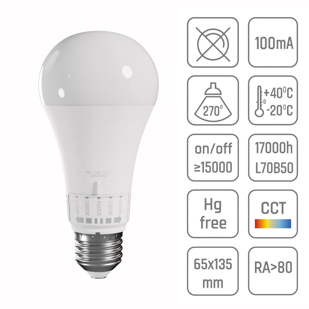 Lampadina Led 5 Tonalità Di Luce Gls E27 230v 13w 5cct