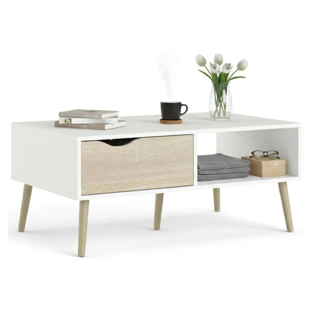 Tavolino da salotto Sfene, Tavolo basso da caffè, Portariviste per divano, Ripiano da soggiorno, 99x60 h43 cm, Bianco e Quercia