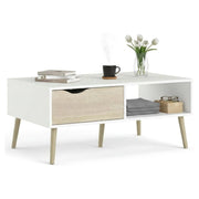 Tavolino da salotto Sfene, Tavolo basso da caffè, Portariviste per divano, Ripiano da soggiorno, 99x60 h43 cm, Bianco e Quercia