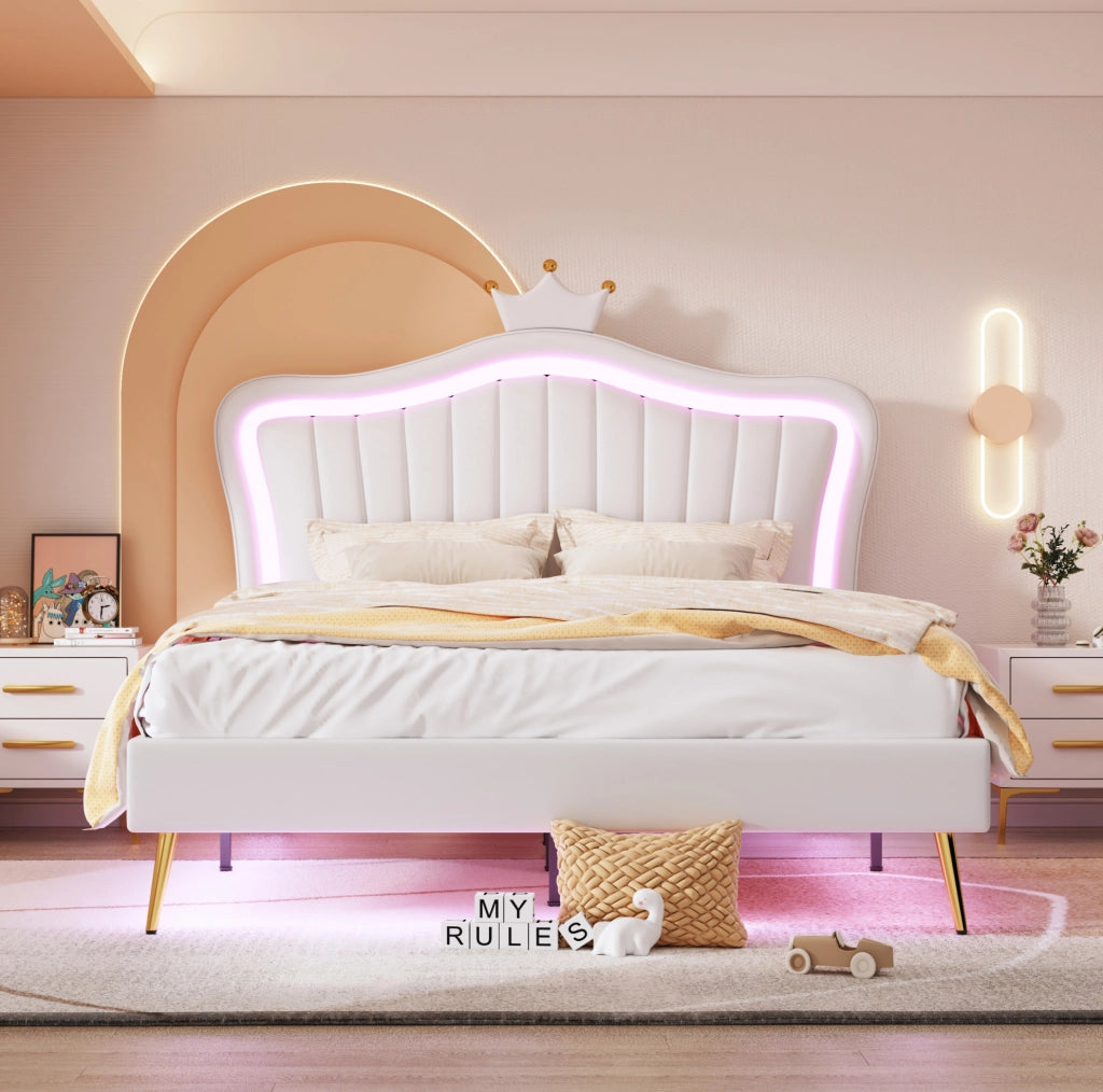 Letto per bambini imbottito 140x200 cm con LED; testiera a conchiglia con corona; bianco