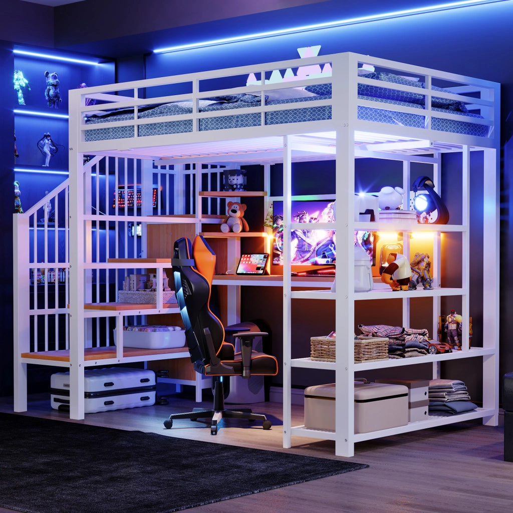 Letto a soppalco 140 × 200 cm con scala contenitore, LED, prese e scrivania, senza materasso, in metallo, bianco