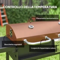 Barbecue a Carbone e Gas con 3 Bruciatori e Coperchio, Termometro, Ruote e Ripiani, Nero