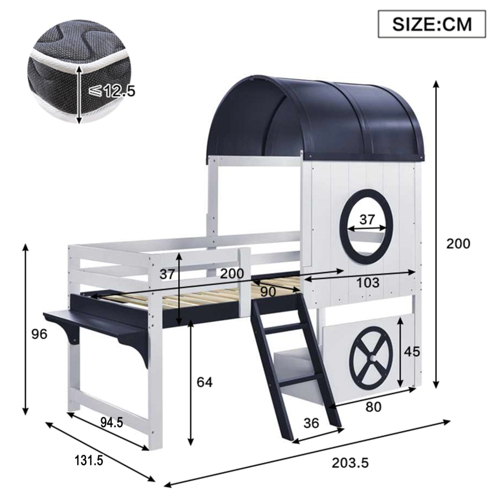 Letto a soppalco 90x200 cm con tetto; finestra; cassetto e scala in legno e MDF bianco e blu