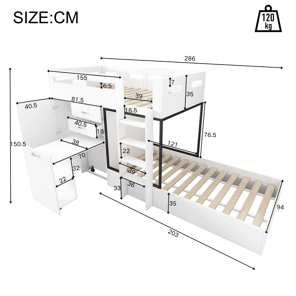 LETTO A CASTELLO multifunzione 90x200 cm MDF bianco/nero con scrivania estraibile