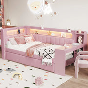 Letto a giorno 90x200 cm con letto estraibile; scrivania e LED in MDF; compensato; imbottito rosa
