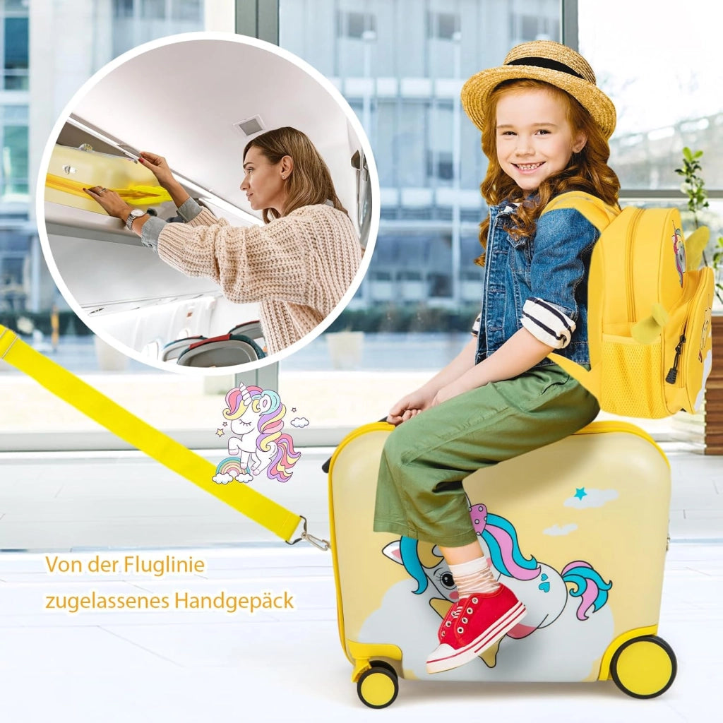 Set di Valigia Cavalcabile 18’’ + Zaino 12’’ per Bambini 2 Pezzi, Bagagli 2-in-1 di con Maniglia Telescopica e 4 Ruote, Trolley Bagaglio a Mano e Zaino per Bambini (Giallo Unicorno-C)