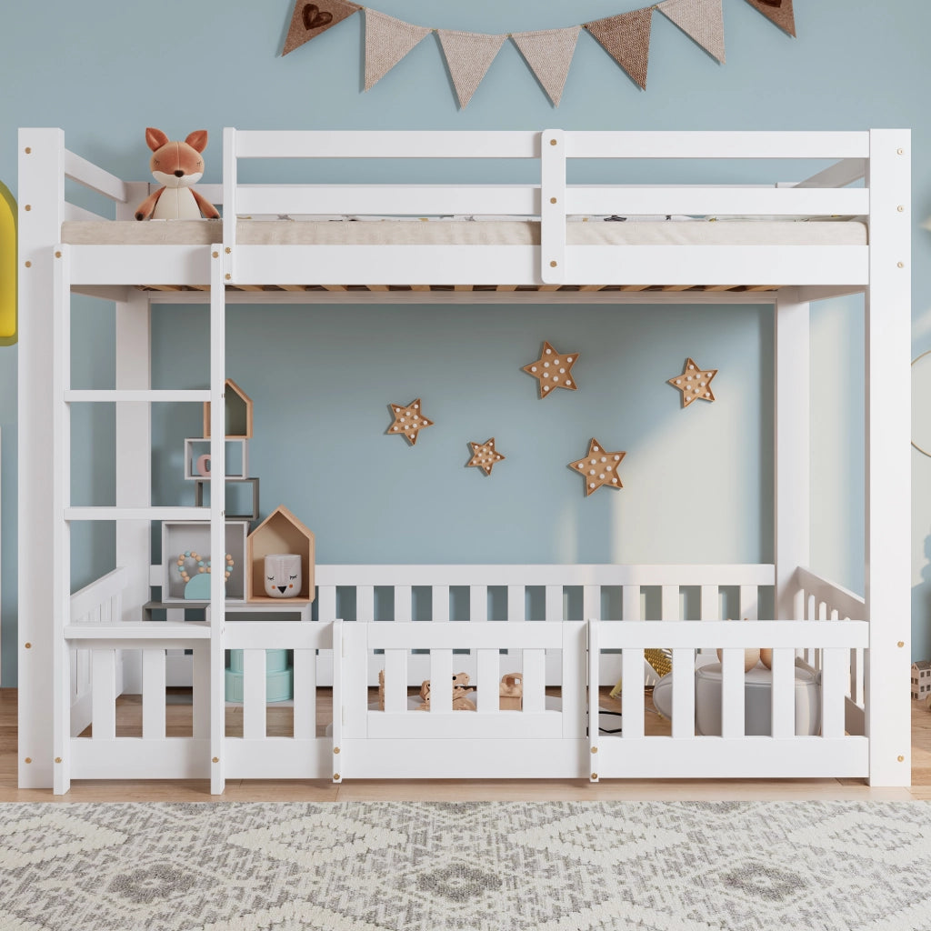 LETTO A CASTELLO 90x200 cm Bianco in legno massello con scala dritta e porta
