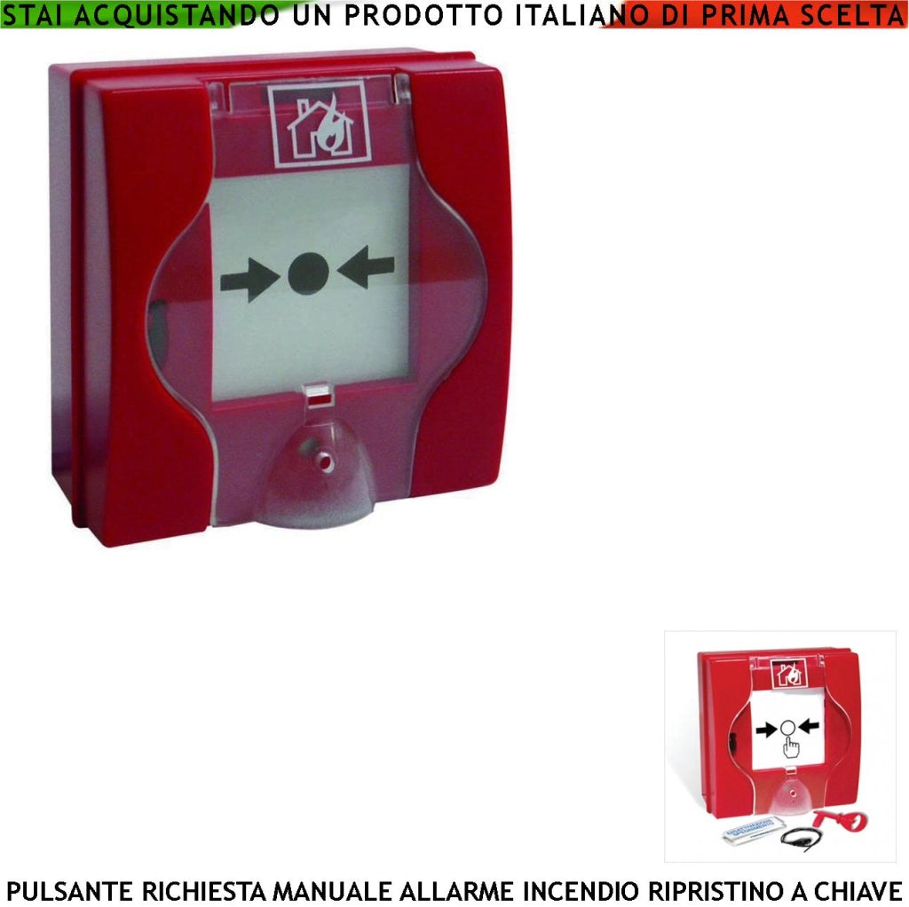 PULSANTE ROTTURA VETRO ROSSO PER ALLARME INCENDIO CON RIPRISTINO A CHIAVE SBLOCCA PORTE REI EN 54-11 CPD