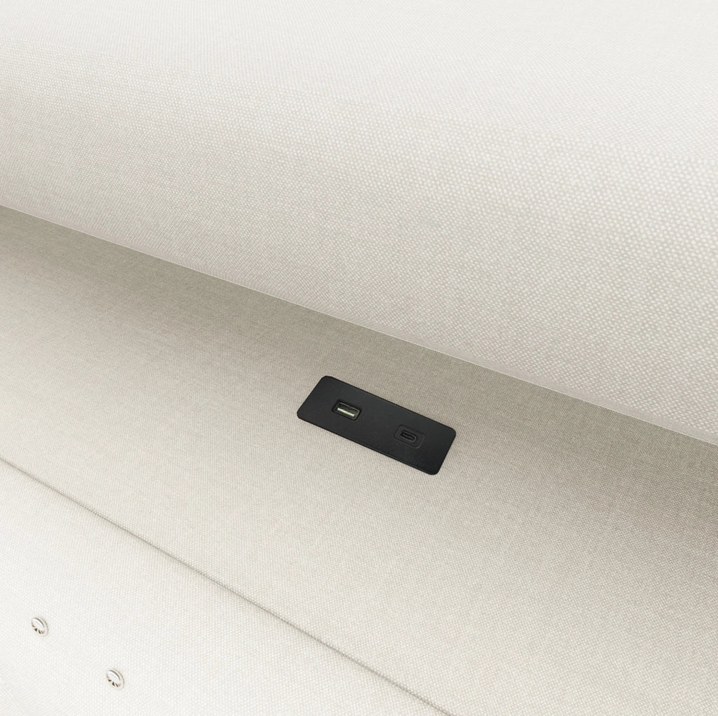 Daybed 211x106x77 cm con contenitore idraulico; LED e porte USB e USB C in lino e MDF beige