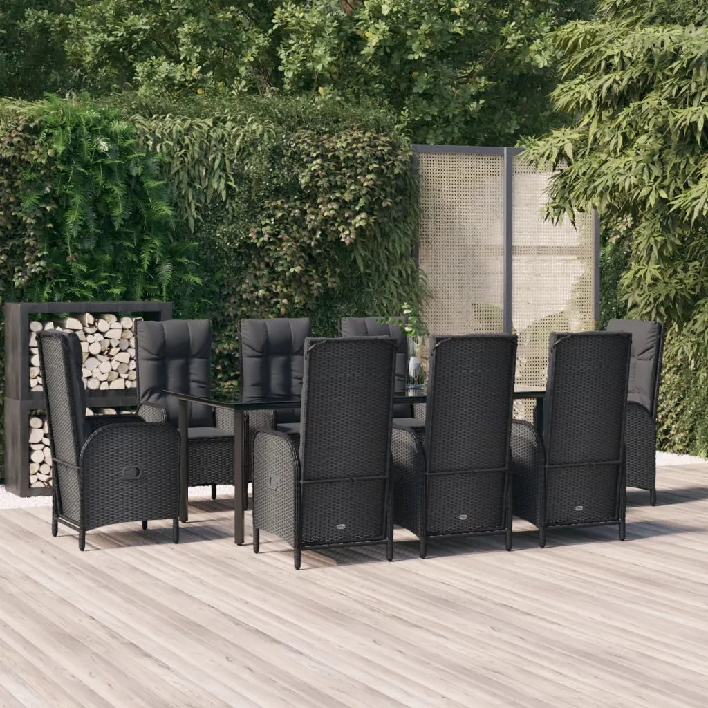 Set da Pranzo da Giardino 9 pz con Cuscini Nero in Polyrattan 3185194