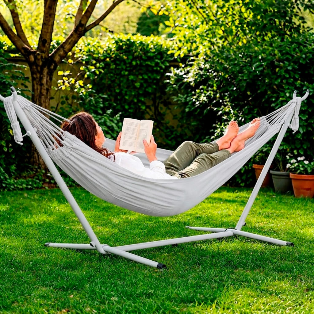 Amaca Da Giardino Con Supporto In Acciaio Portata 200 Kg Altezza Regolabile Telo Cotone Resistente Amaca Brasiliana Esterno Terrazzo Piscina Balcone Con Borsa Struttura Grigia 265 x 110 x 100 Cm Grigio