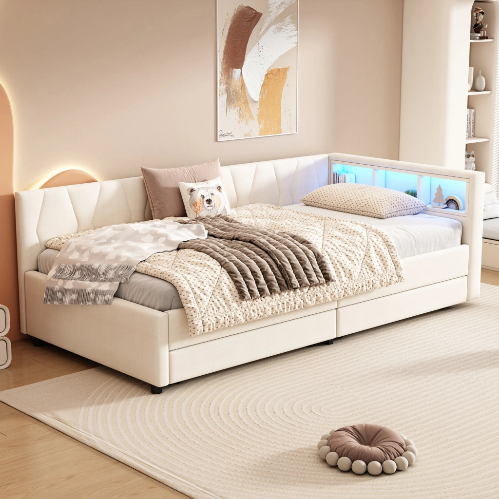 LETTO daybed 90x200 cm in lino beige con LED, USB e 2 cassetti