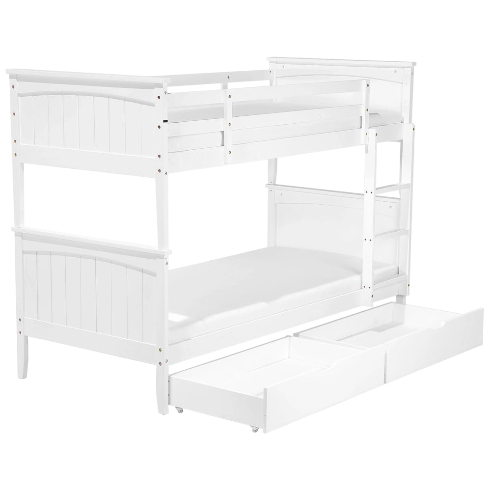 Letto a banca doppia con contenitore in legno di pino bianco singola misura 90 x 200 per bambini in cameretta