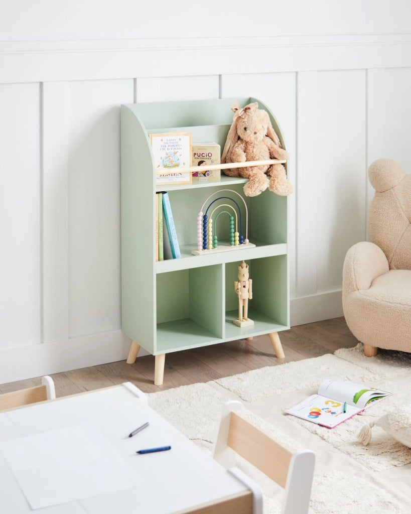 Scaffale a 3 ripiani per la camera dei bambini in legno di pino MDF gambe in legno verde elegante