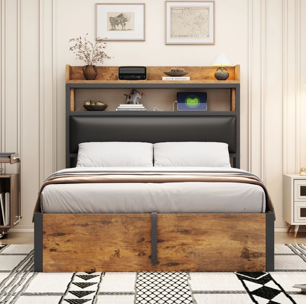 Letto singolo 90x200 cm con contenitore idraulico e USB; struttura in metallo e legno; nero