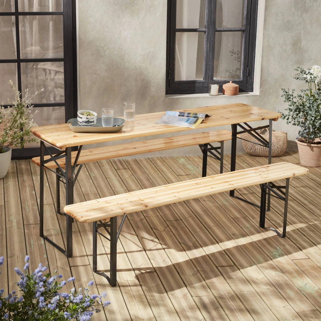 Set tavolo da giardino pieghevole in legno con 2 panche, marrone