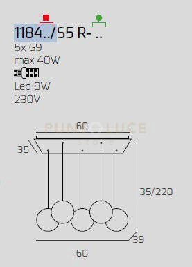 SOSPENSIONE BIANCO 5 LUCI RETTANGOLARE VETRI 2X TR + 3X FU 1184BI-S5 R-TF