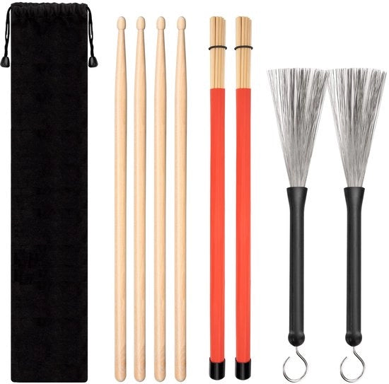 Set di Bastoncini a Tamburo - 2 Paia di Bastoncini in Legno 40,5 cm - Set di Setole a Filo - Bastoncini Reimbastibili 32 cm - Borsa di Ripiegamento - Manico Comodo - Tamburo Portatile
