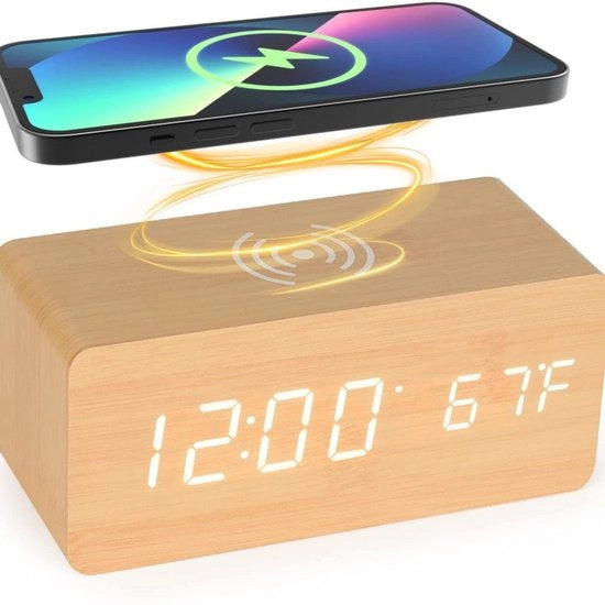 Alarme da legno con caricamento wireless - funzione termometro - allarme digitale - caricatore wireless - compatibile con smartphone - adattatore incluso