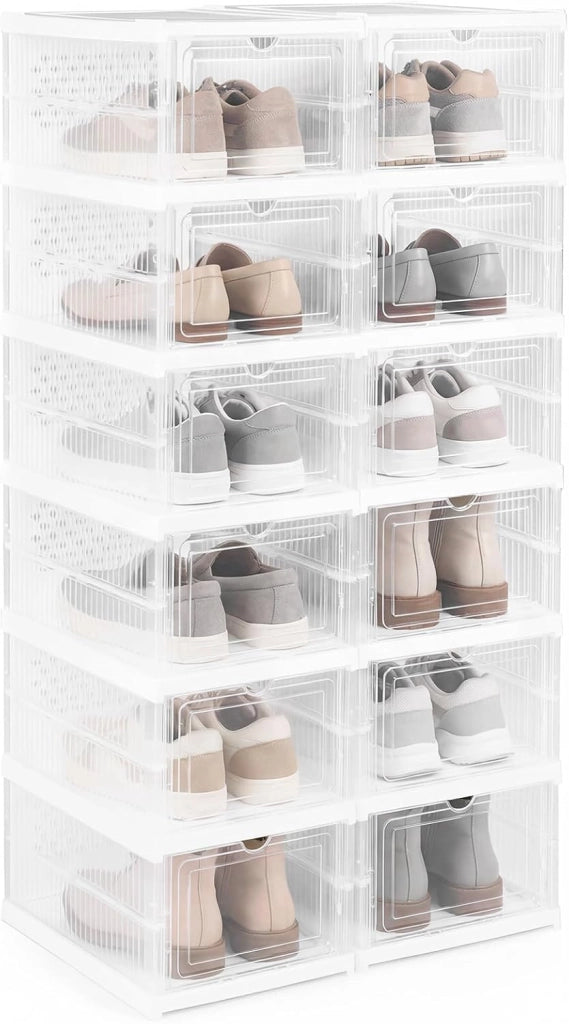 Scatole per Scarpe, Set di 2 Organizzatore per Scarpe a 6 Livelli, Scatole Pieghevoli in Plastica con Porta Frontale a Ribalta, Scarpiera Salvaspazio per Ingresso e Soggiorno