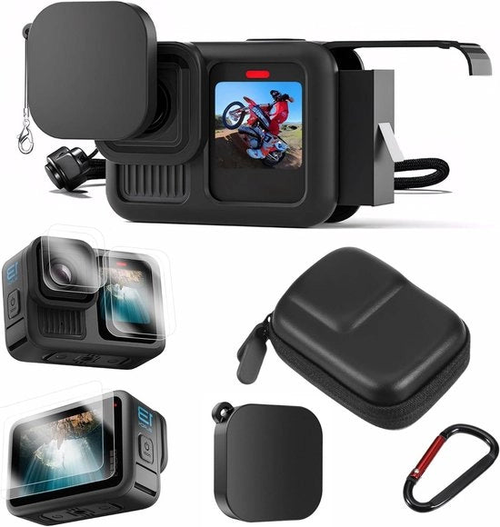 Accessori per Go Pro Hero13/Hero12/Hero11/Hero10/Hero9 nero: copertura batteria, copertura lente, protezione schermo, cavo di ricarica, tasca mini in PU nera