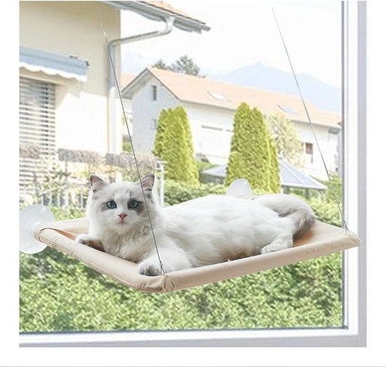 Bancopiazza per gatti con 4 forti viti a molla per tenda da finestra - grande cesta per gatti da appendere alla finestra per animali da 40 kg con misura 55*35CM - kaki