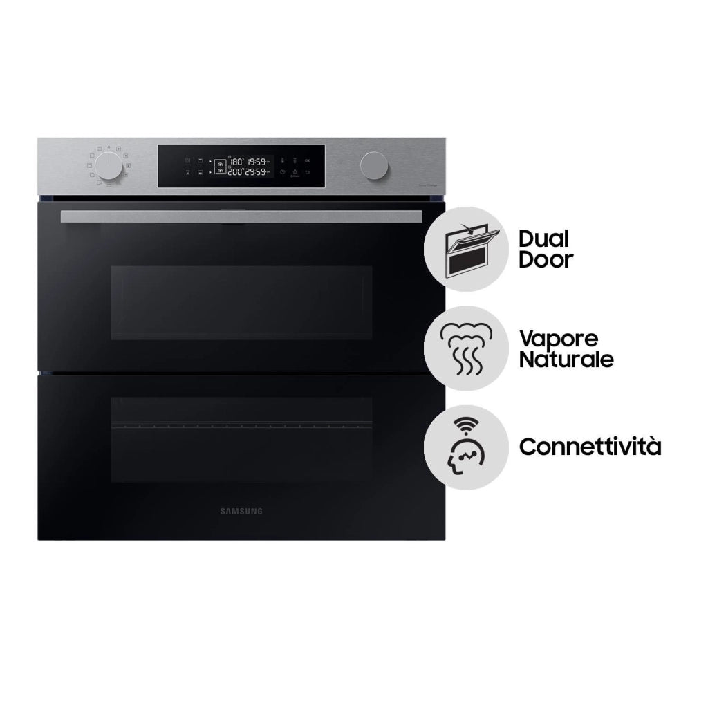 Samsung NV7B45403BS Dual Cook Flex Serie 4 Forno da incasso Elettrico 76 L Classe A+ Dual Cook Vapore Air Sous Vide Wi-Fi 40 programmi (60x60x57 cm) colore Inox