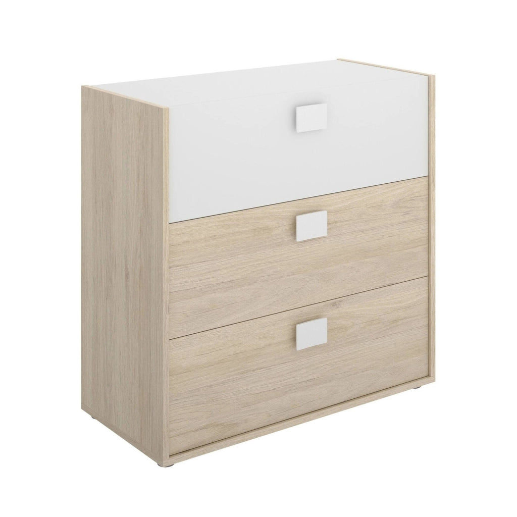 Cassettiera Alibaba, Settimanale per camera da letto, ComÒ² con 3 cassetti, 80x43h81 cm, Rovere e Bianco