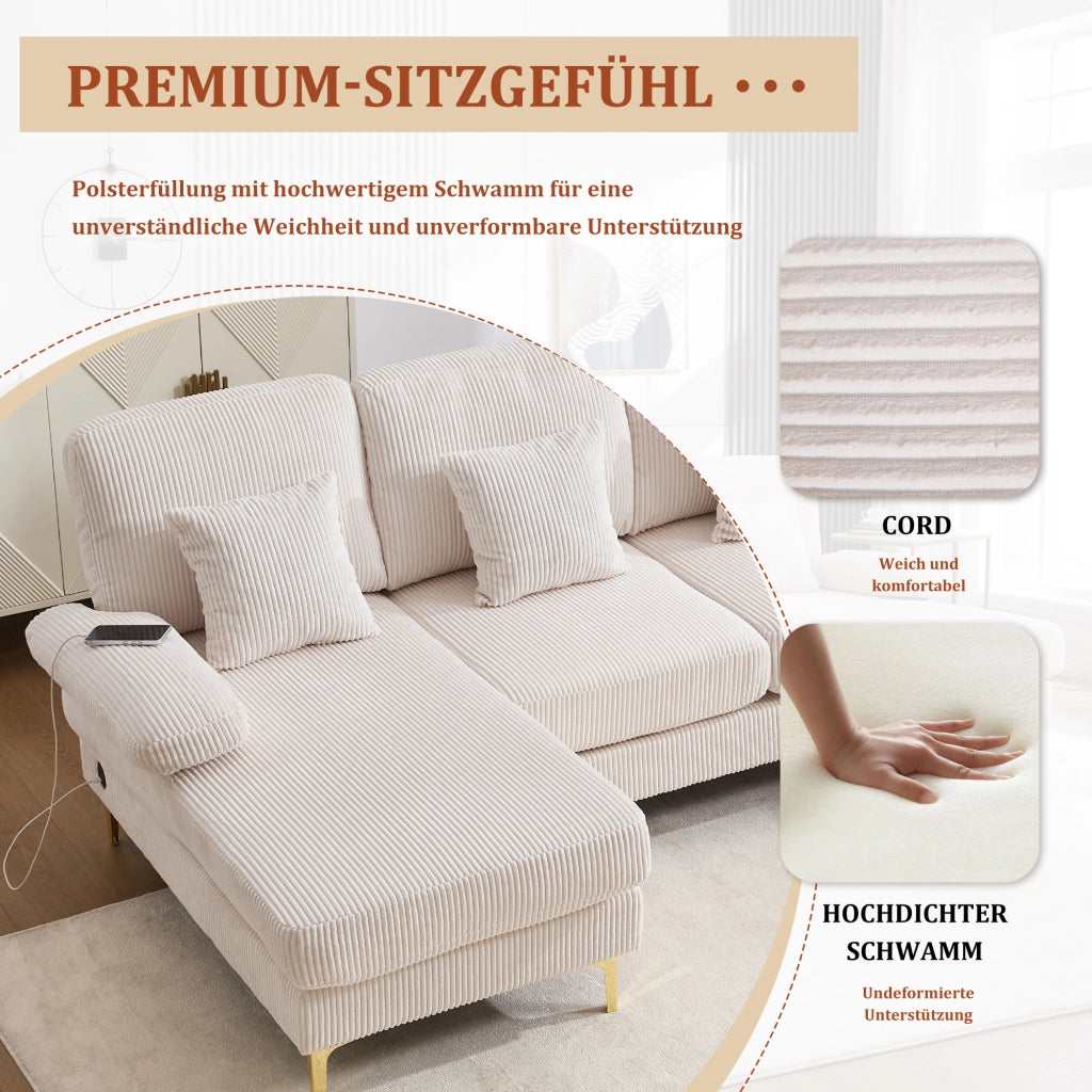 DIVANO U angolare 265x135x88 cm in velluto beige con LED e porta USB