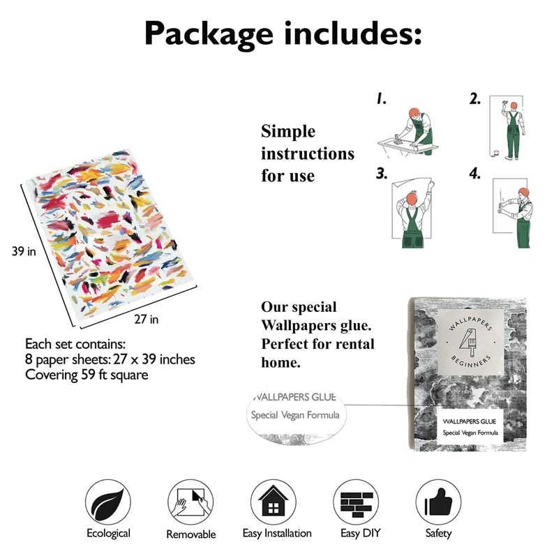 Carta da Parati Pennellate Astratta Carta Vegana 250x200cm 5,5mq 
