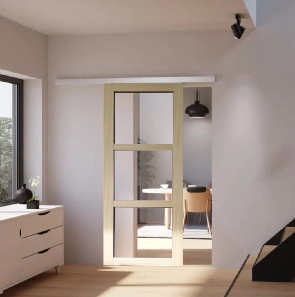 Porta scorrevole in legno Ayous Vetro trasparente H204 x L83 + Binario in alluminio bianco senza maniglia