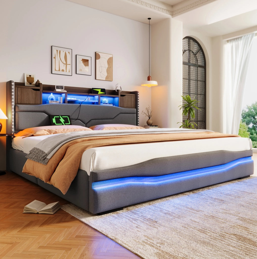 Letto contenitore 180x200 cm con LED, stazione di ricarica e testiera con vano