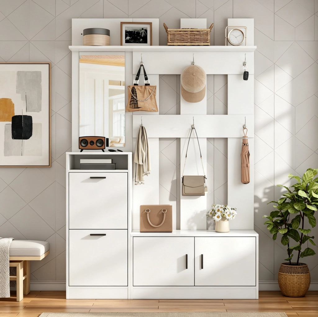 Mobile guardaroba da ingresso con scarpiera, specchio e panca in pannello MDF bianco salvaspazio