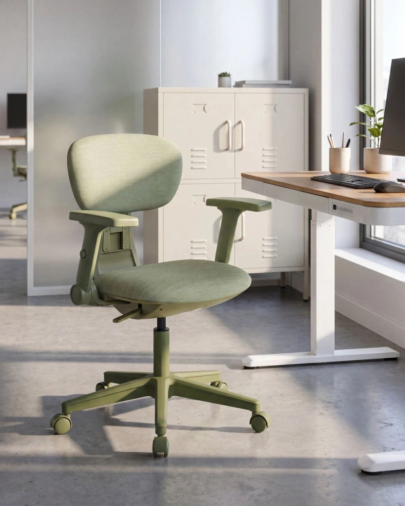 Sedia da ufficio in tessuto verde con schienale e braccioli regolabili, design moderno, per l'ufficio domestico