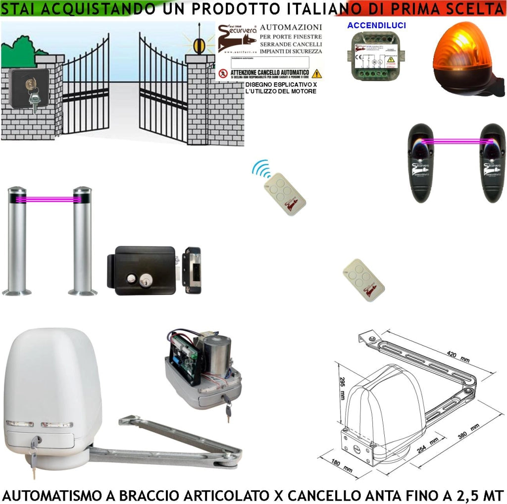 Automazione Cancello Kit Motore Braccio Articolato 220/24 V Anta da 0,5 a 2,5 MT Accendiluci Elettroserratura Faro Selettore 2 Paline 2 Foto 2 Radiocomandi