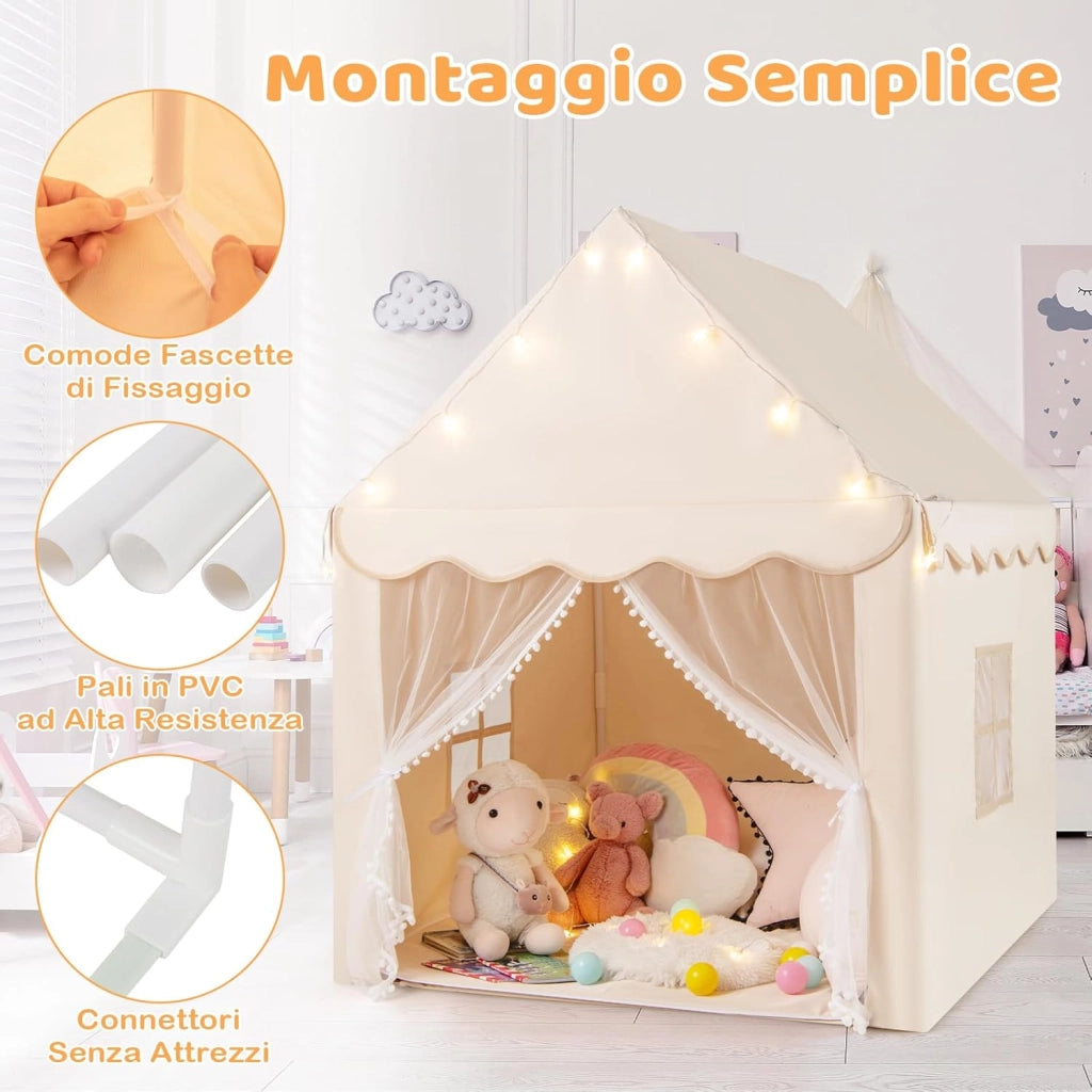 Tenda da Gioco per Bambini, Tenda Castello con Tappetino Lavabile, Luci a Forma di Stella, per Interno ed Esterno, 105 x 121 x 136 cm (Stile 2 Beige)