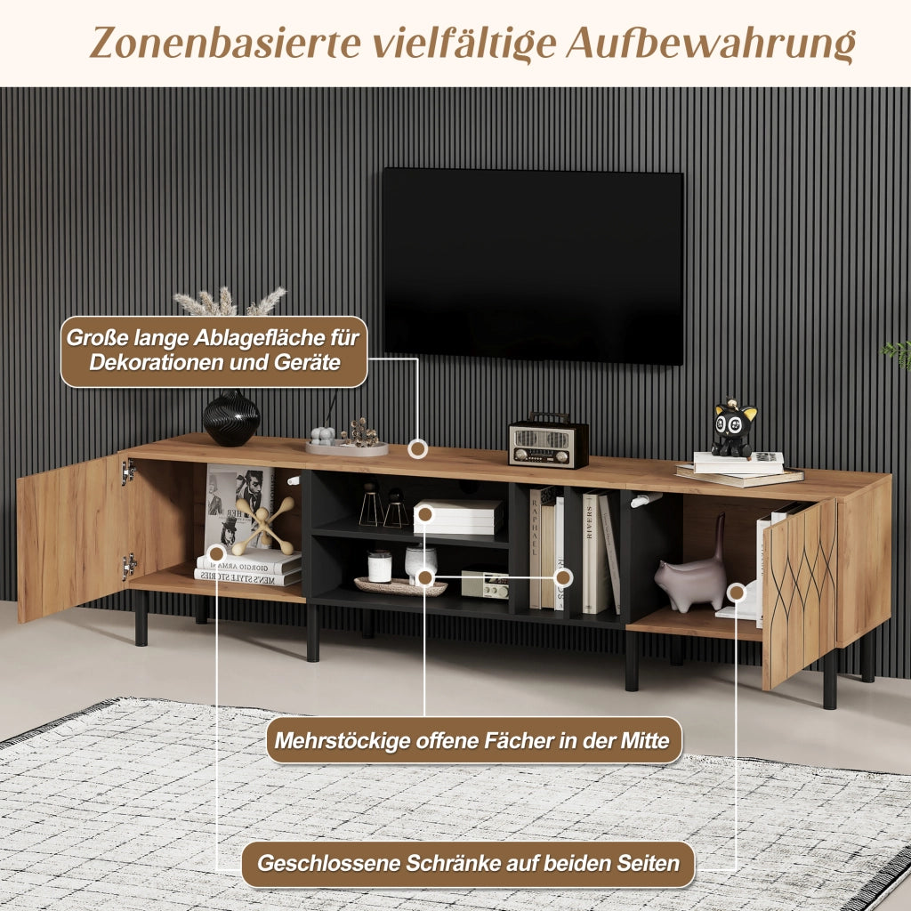 Mobile porta tv con 2 ante e 4 vani aperti, push-to-open, in MDF e truciolare, per salotto, nero naturale, 180 × 40 × 50 cm