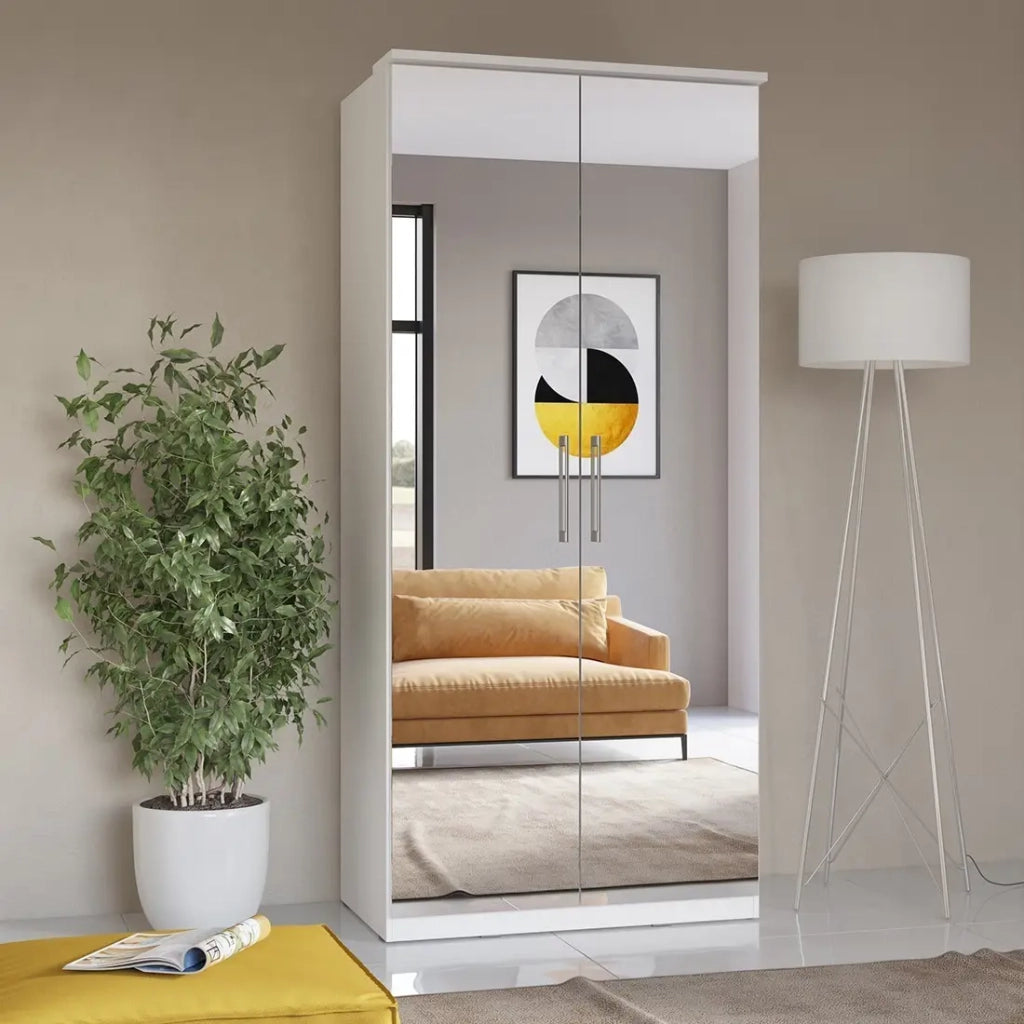 Armadio a 2 porte con specchio, collezione MODULO, bianco con LED, pacchetto di 3 ripiani incluso.