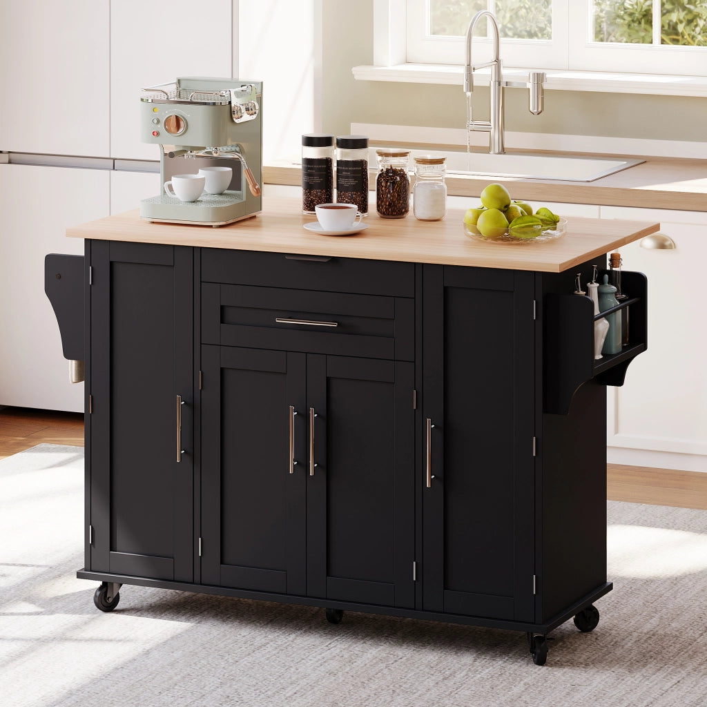 Carrello da Cucina Nero 136x70x92 cm con Piano Ribaltabile; Ripiani Regolabili e Portasciugamani