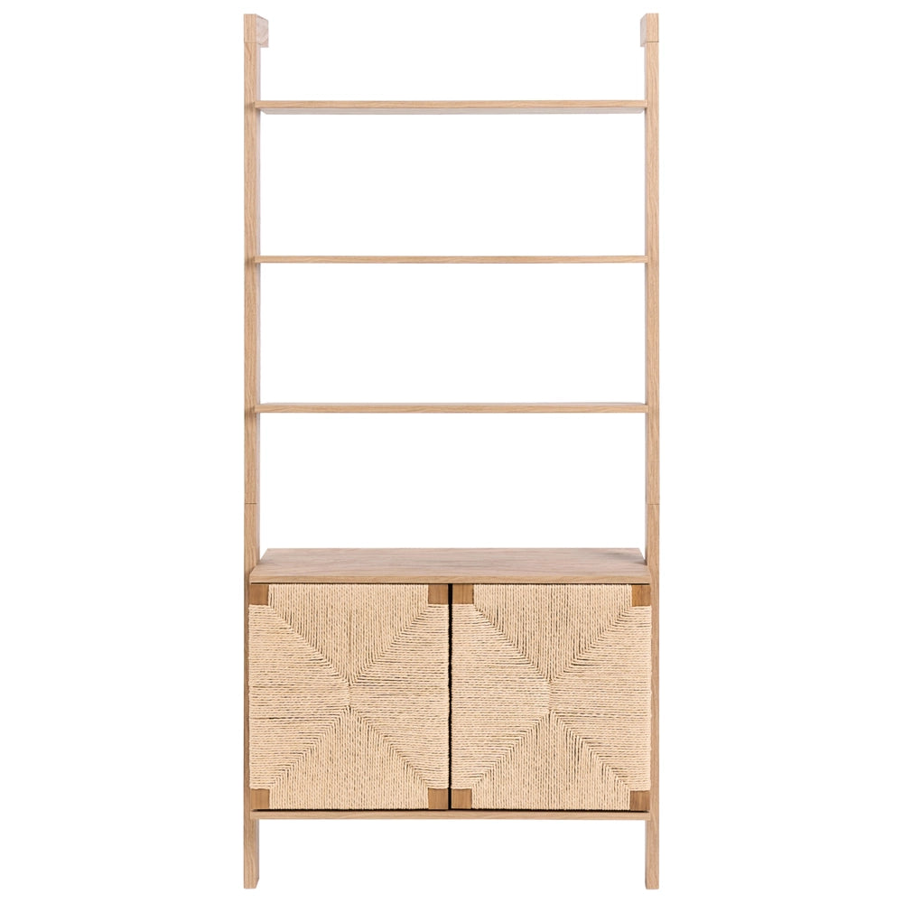 Libreria marrone chiaro in truciolato con ripiani frontali in corda di carta Moderno soggiorno in stile boho