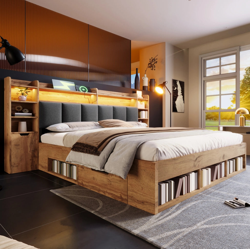 Letto matrimoniale 180x200 cm in finitura rovere con LED; prese USB e contenitore