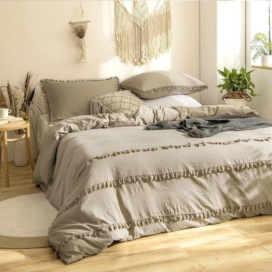 Set da letto bohemiano 220x240cm a 3 pezzi con frange e pizzo in kaki, set da letto boho chic con tessuto microfibra lavabile