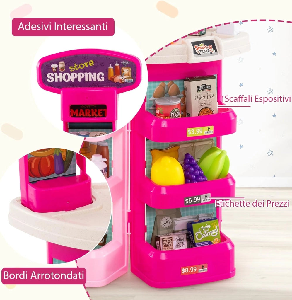 Cassa Gioco Supermercato per Bambini, Supermercato Giocattolo con Carrello della Spesa, Registratore di Cassa, Scanner, Luci e Suoni, Gioco di Ruolo con 29 Accessori (Rosa)