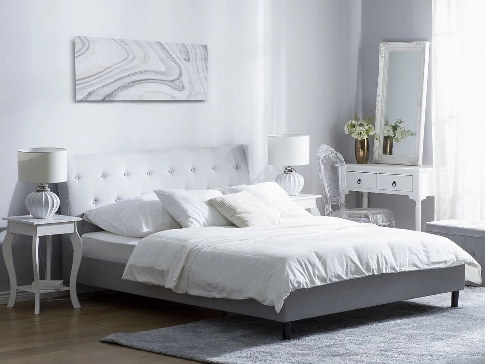 Letto a doghe Tessuto in poliestere grigio Gambe in legno imbottite Testiera capitonné 140 x 200 cm matrimoniale Design moderno