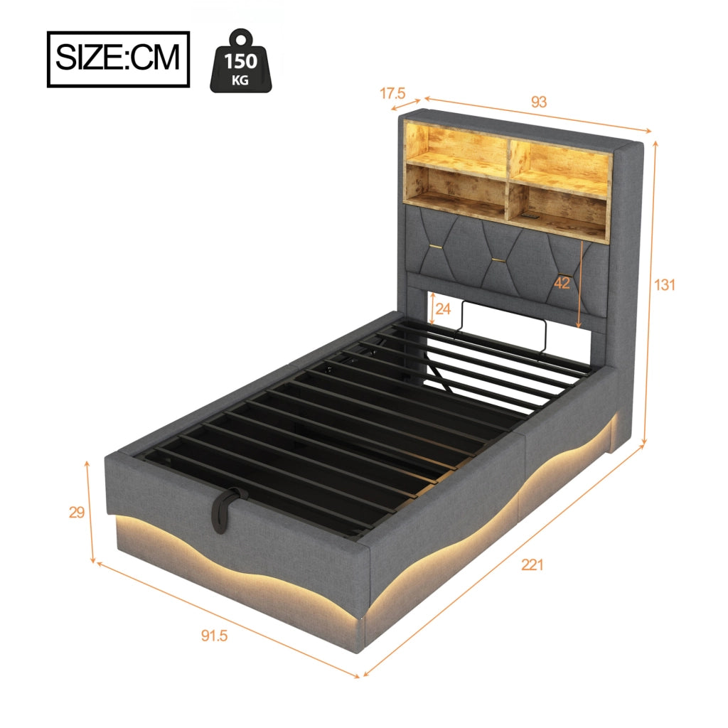 Letto per bambini e ragazzi 90x200 cm con LED; USB e contenitore; grigio in lino