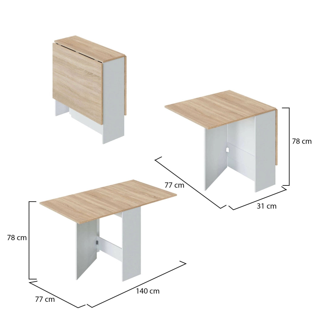 Tavolo allungabile Arid, Tavolo da pranzo pieghevole con piano abbattibile, Tavolo ausiliario richiudibile, cm 77x31h78, Bianco e Rovere