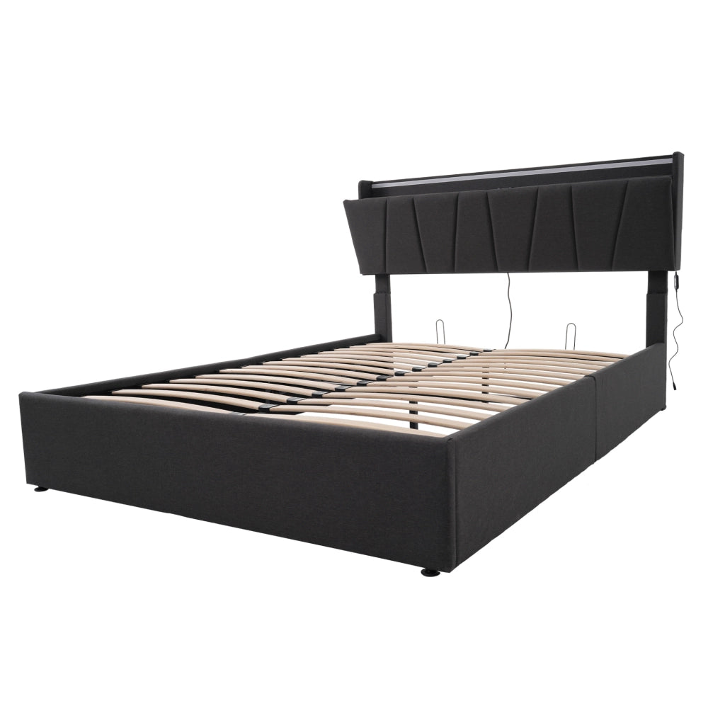 Letto matrimoniale imbottito 140x190 cm grigio in lino con testiera contenitore; prese USB e LED RGBW