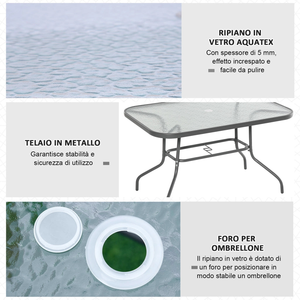 Tavolo da Giardino in Metallo e Vetro con Foro Ombrellone 120x80x70cm