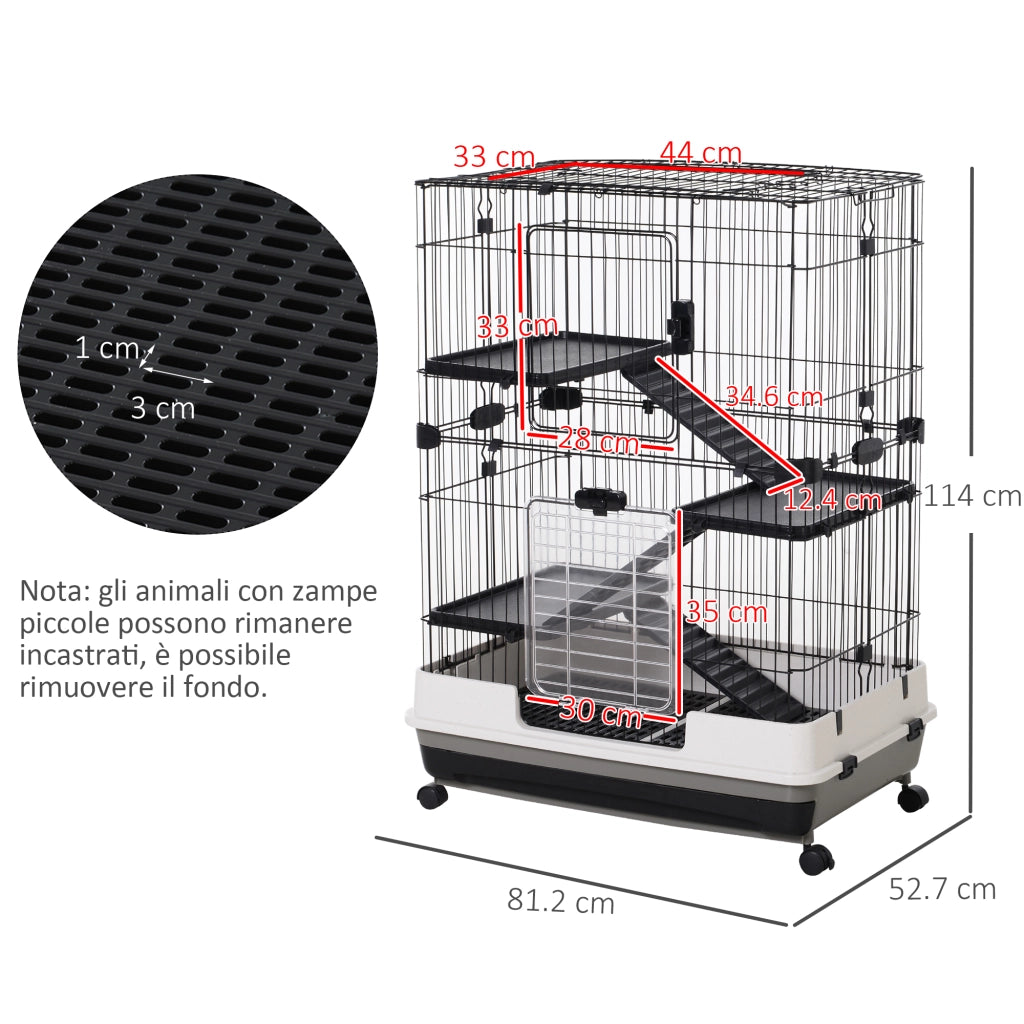 Gabbia per Animali 3 Piani con Vassoio e Ruote ¨C Zephmum ¨C Nera 81.2x52.7x114cm
