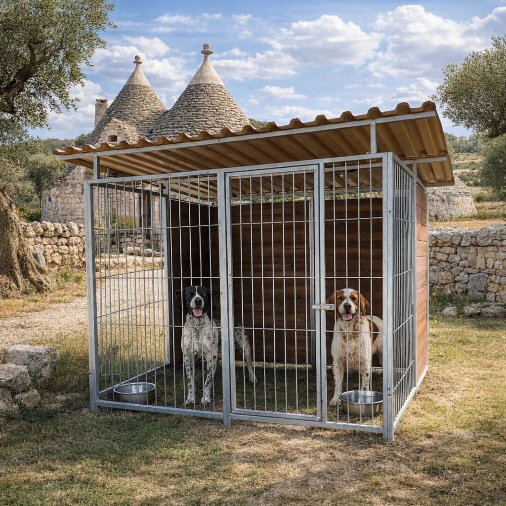 2 box per cani con copertura e retro in legno zincatura a caldo ciascuno da 200x300xh180 cm